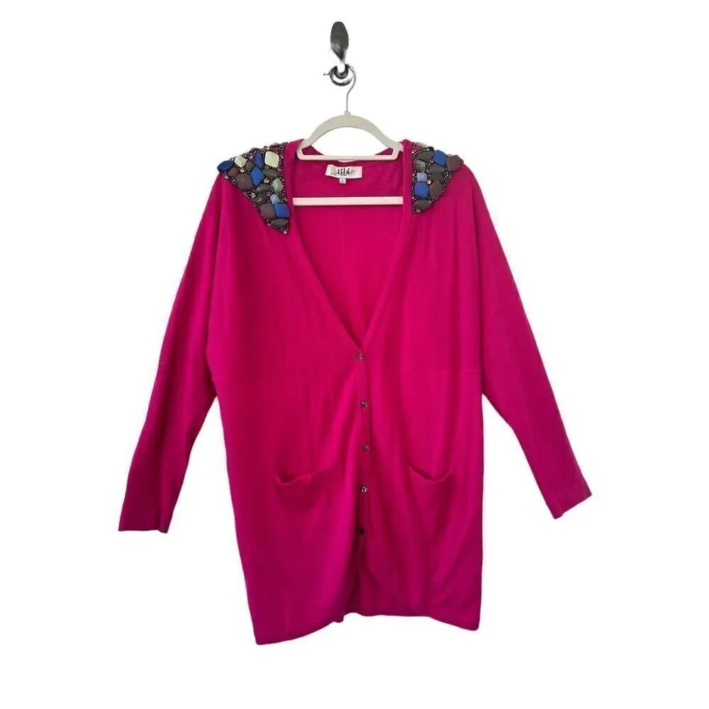 Tibi Beaded Shoulder Knitted Cashmere Cardigan Fuchsia Pink Women's Size Large